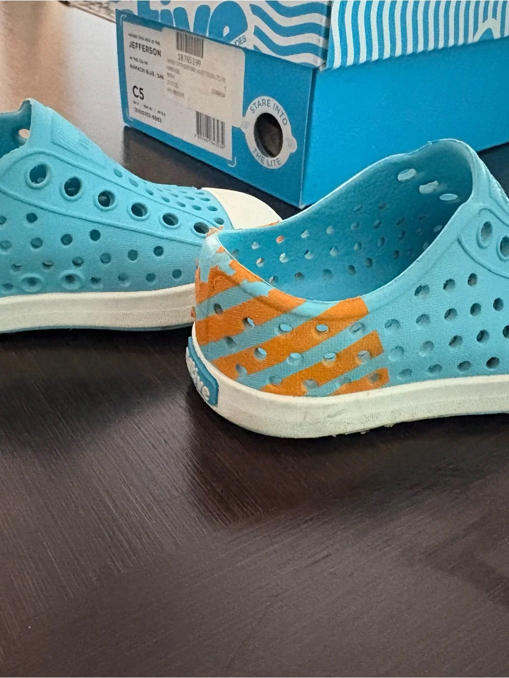 Native Shoes Jefferson Kids Slip-On in Aquamarine with Orange Accent